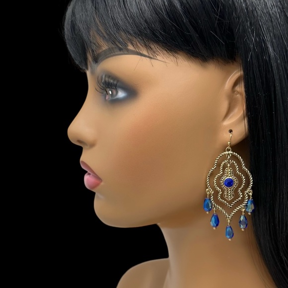 🌼 Open Moroccan Style Swing Gold Blue Dangle Earrings - Picture 3 of 3